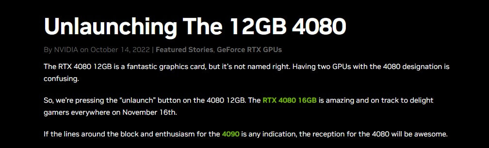 Thông báo ngừng phát hành RTX 4080 12GB. Nguồn: NVIDIA